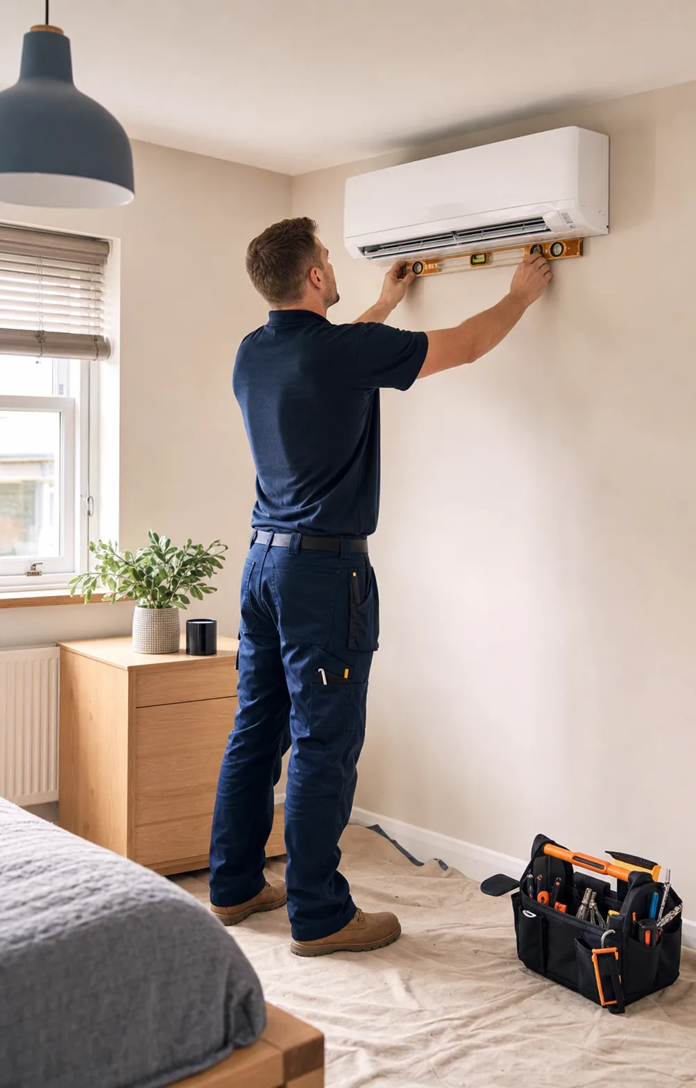 Illustration of an air-conditioning engineer checking a wall-mounted indoor unit