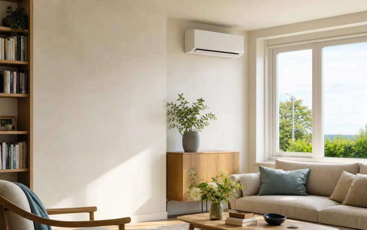 Illustration of a neatly installed wall-mounted air conditioning unit in a bright living room
